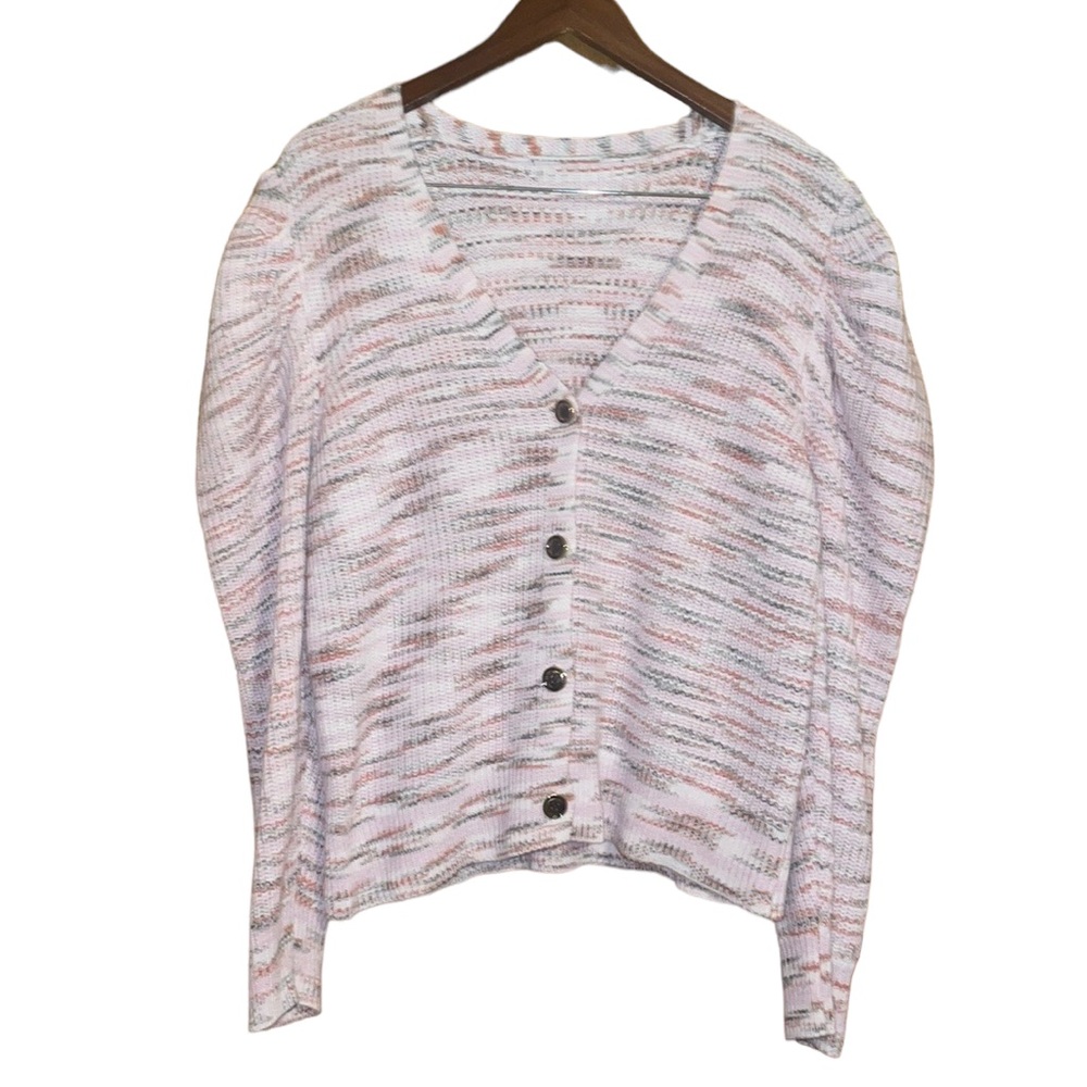 •MARC NEW YORK•PINK MARBLE PUFF SLEEVE BUTTON CHUNKY SWEATER CARDIGAN SIZE L